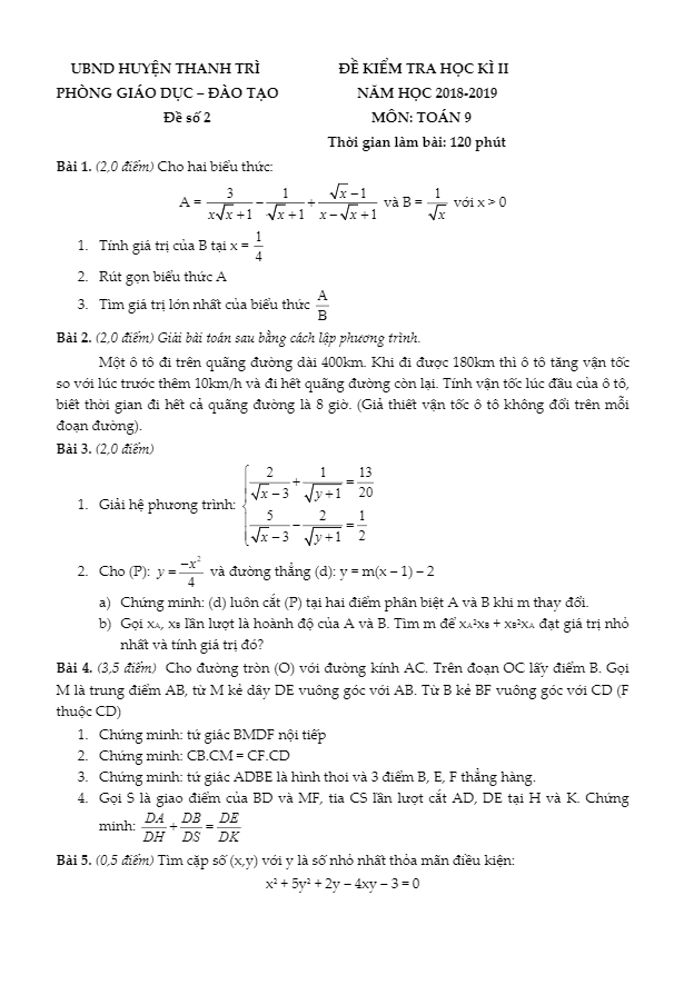 de thi hoc ki 2 hk2 lop 9 mon toan nam 2018 2019 phong gd dt thanh tri ha noi d