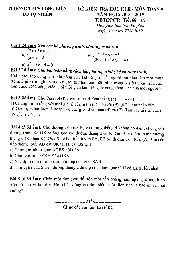 de thi hoc ki 2 hk2 lop 9 mon toan nam 2018 2019 truong thcs long bien ha noi d