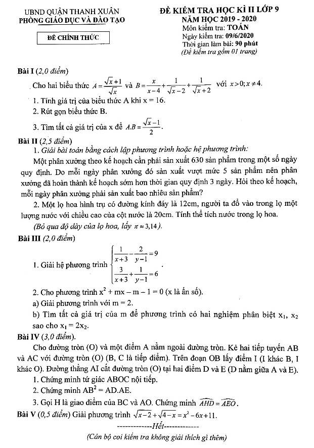 de thi hoc ki 2 hk2 lop 9 mon toan nam 2019 2020 phong gd dt thanh xuan ha noi d