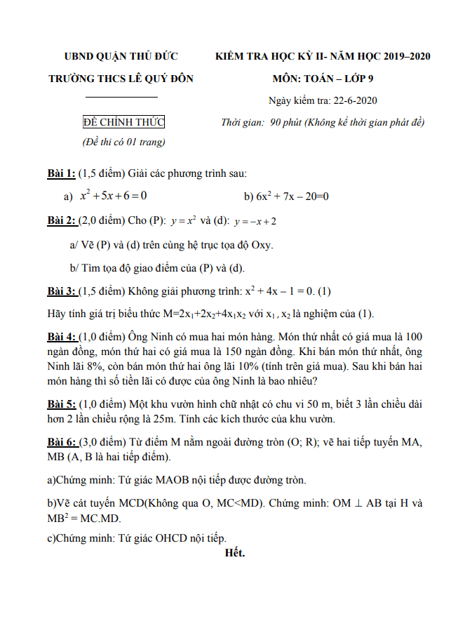 de thi hoc ki 2 hk2 lop 9 mon toan nam 2019 2020 truong thcs le quy don tp hcm d