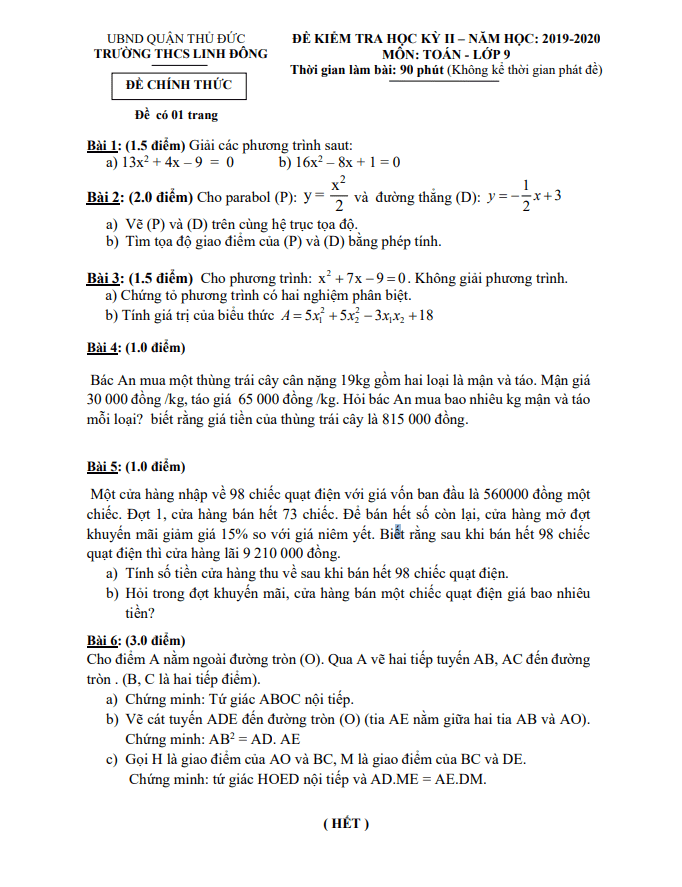 de thi hoc ki 2 hk2 lop 9 mon toan nam 2019 2020 truong thcs linh dong tp hcm d