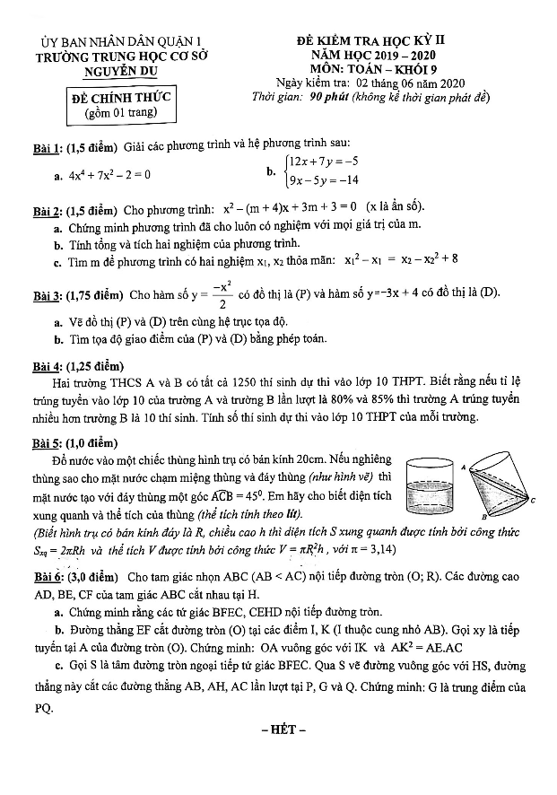 Đề thi học kì 2 (HK2) lớp 9 môn Toán năm 2019 2020 trường THCS Nguyễn Du TP HCM 6 de thi hoc ki 2 hk2 lop 9 mon toan nam 2019 2020 truong thcs nguyen du tp hcm d