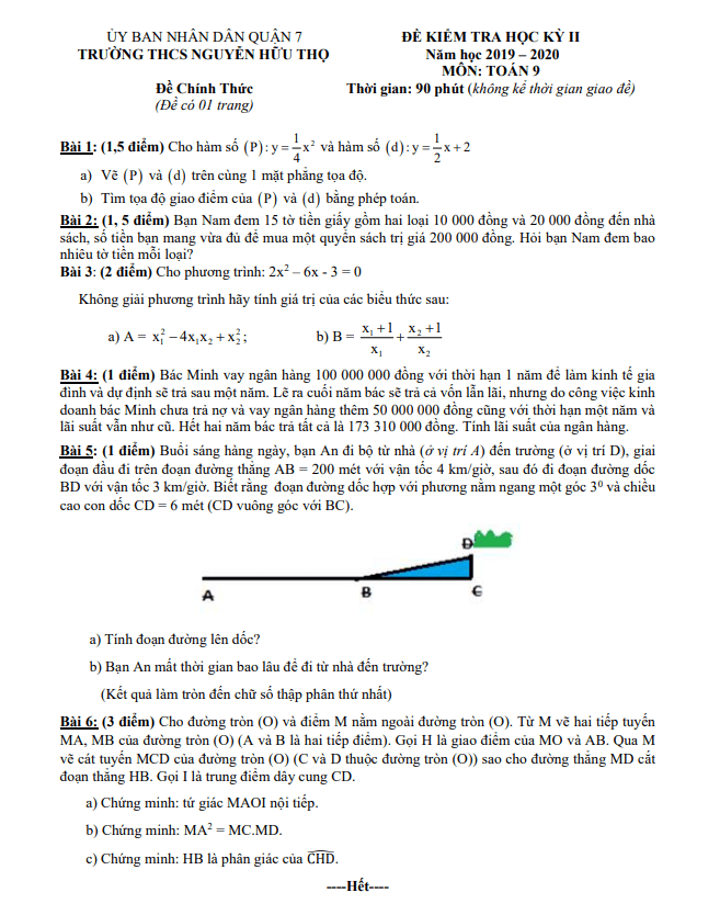 de thi hoc ki 2 hk2 lop 9 mon toan nam 2019 2020 truong thcs nguyen huu tho tp hcm d
