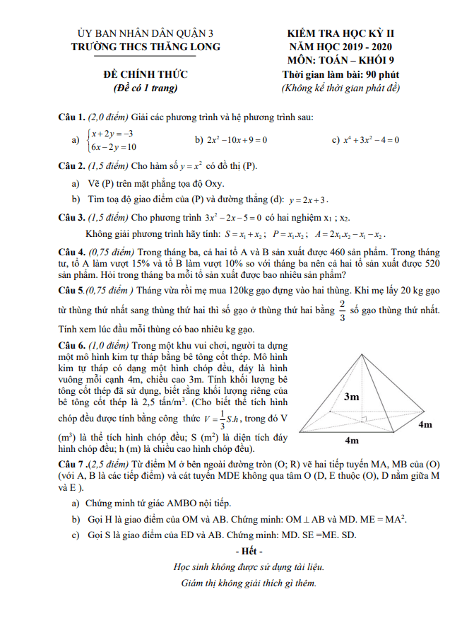 de thi hoc ki 2 hk2 lop 9 mon toan nam 2019 2020 truong thcs thang long tp hcm d