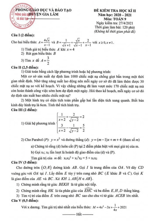 Đề thi học kì 2 (HK2) lớp 9 môn Toán năm 2020 2021 phòng GD ĐT Gia Lâm Hà Nội 3 de thi hoc ki 2 hk2 lop 9 mon toan nam 2020 2021 phong gd dt gia lam ha noi d