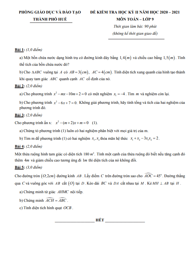 de thi hoc ki 2 hk2 lop 9 mon toan nam 2020 2021 phong gd dt thanh pho hue d
