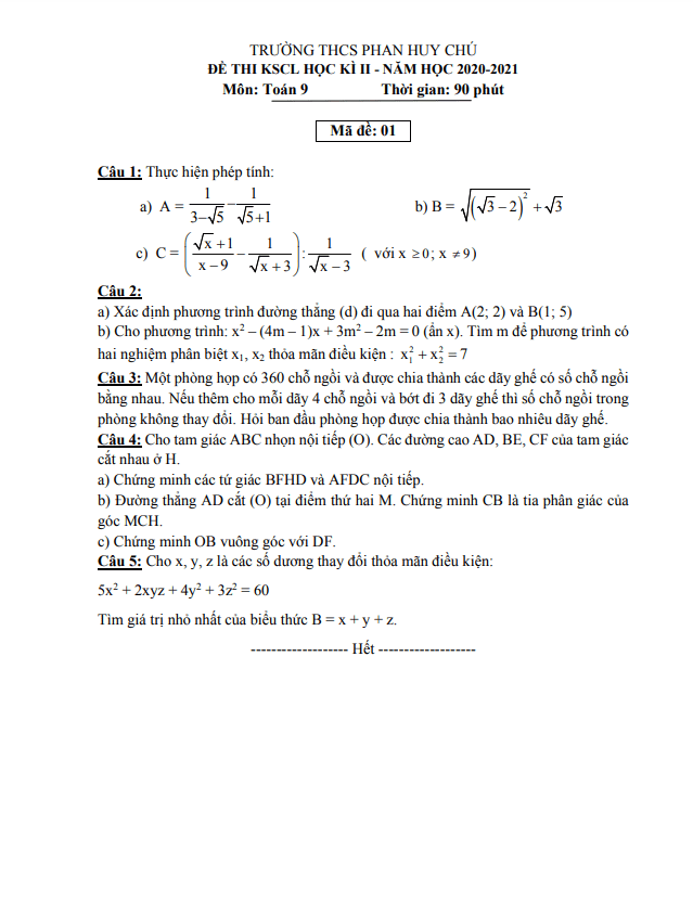 de thi hoc ki 2 hk2 lop 9 mon toan nam 2020 2021 truong thcs phan huy chu ha tinh d