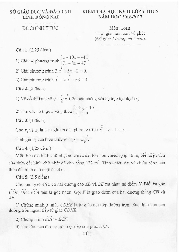 de thi hoc ki 2 hk2 lop 9 mon toan nam hoc 2016 2017 so gd va dt dong nai d