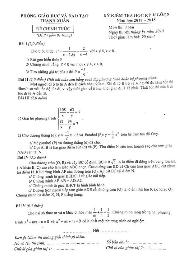 Đề thi học kì 2 (HK2) lớp 9 môn Toán năm học 2017 2018 phòng GD và ĐT Thanh Xuân Hà Nội 4 de thi hoc ki 2 hk2 lop 9 mon toan nam hoc 2017 2018 phong gd va dt thanh xuan ha noi d