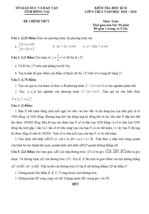 Đề thi học kì 2 (HK2) lớp 9 môn Toán năm học 2018 2019 sở GD ĐT Đồng Nai 6 de thi hoc ki 2 hk2 lop 9 mon toan nam hoc 2018 2019 so gd dt dong nai d