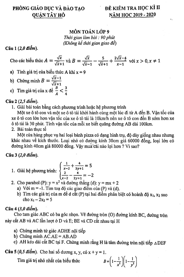 de thi hoc ki 2 hk2 lop 9 mon toan nam hoc 2019 2020 phong gd dt tay ho ha noi d