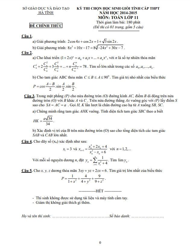 de thi hoc sinh gioi cap tinh lop 11 mon toan nam 2014 2015 so gd dt ha tinh d