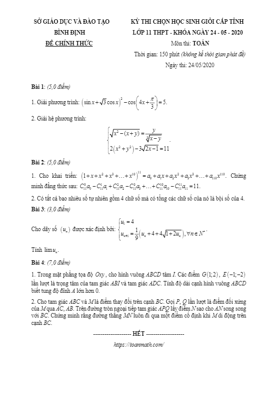 de thi hoc sinh gioi cap tinh lop 11 mon toan nam 2019 2020 so gd dt binh dinh d