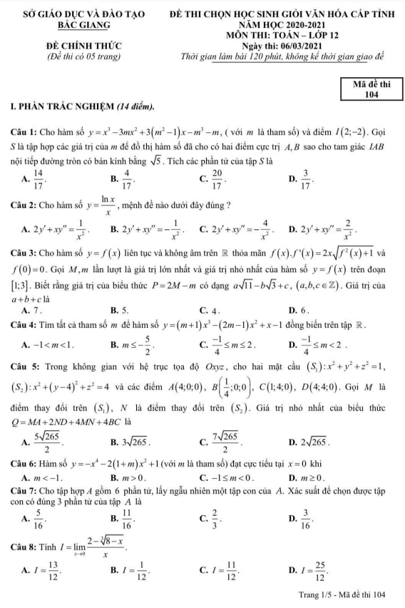 de thi hoc sinh gioi cap tinh lop 12 mon toan nam 2020 2021 so gd dt bac giang d
