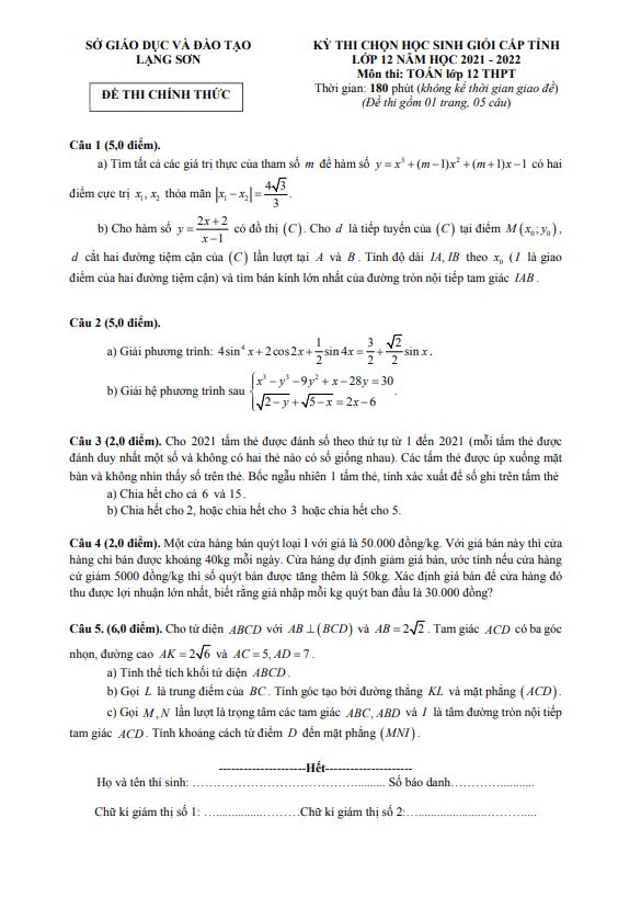 de thi hoc sinh gioi cap tinh lop 12 mon toan nam 2021 2022 so gd dt lang son d