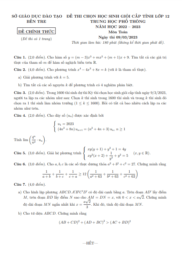 de thi hoc sinh gioi cap tinh lop 12 mon toan nam 2022 2023 so gd dt ben tre d