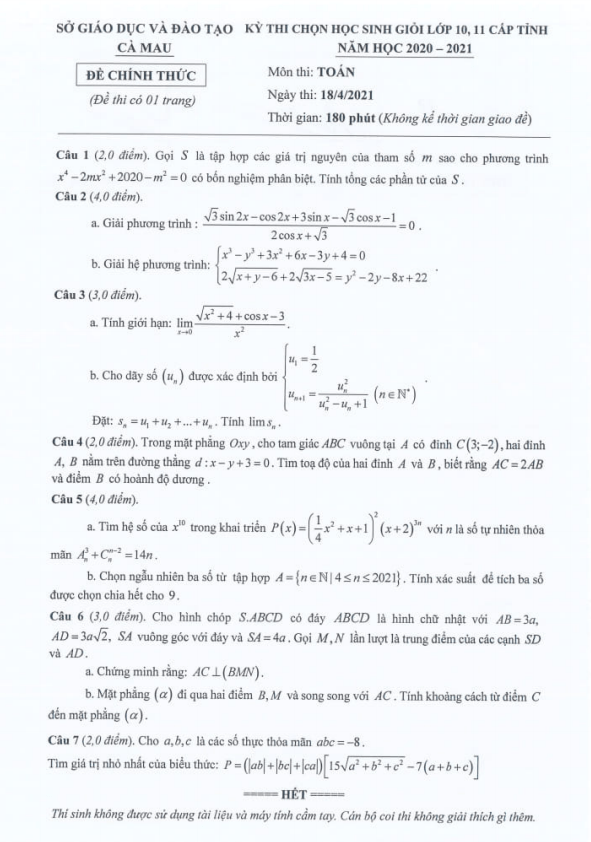 de thi hoc sinh gioi lop 11 mon toan cap tinh nam 2020 2021 so gd dt ca mau d