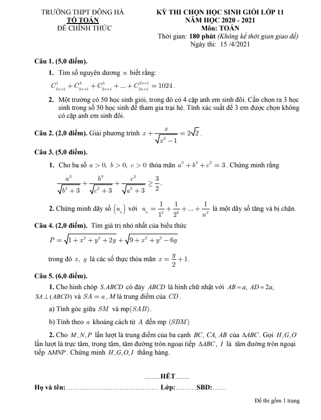 Đề thi học sinh giỏi lớp 11 môn Toán năm 2020 2021 trường THPT Đông Hà Quảng Trị 3 de thi hoc sinh gioi lop 11 mon toan nam 2020 2021 truong thpt dong ha quang tri d
