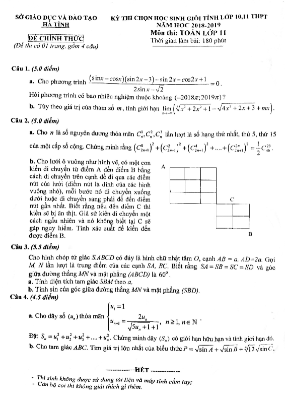 Đề thi học sinh giỏi lớp 11 môn Toán năm học 2018 – 2019 sở GD ĐT Hà Tĩnh 4 de thi hoc sinh gioi lop 11 mon toan nam hoc 2018 e28093 2019 so gd dt ha tinh d
