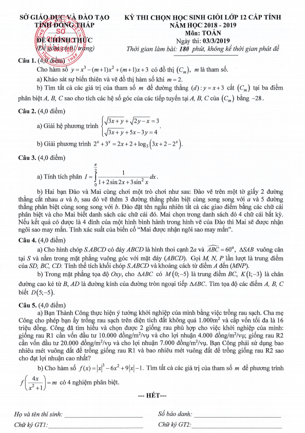 de thi hoc sinh gioi lop 12 mon toan cap tinh nam 2018 2019 so gd dt dong thap d