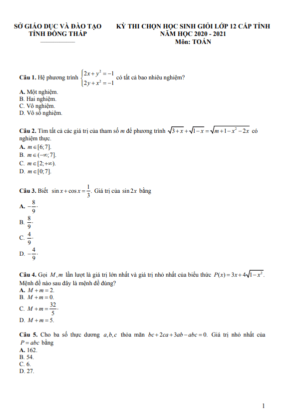 de thi hoc sinh gioi lop 12 mon toan cap tinh nam 2020 2021 so gd dt dong thap d