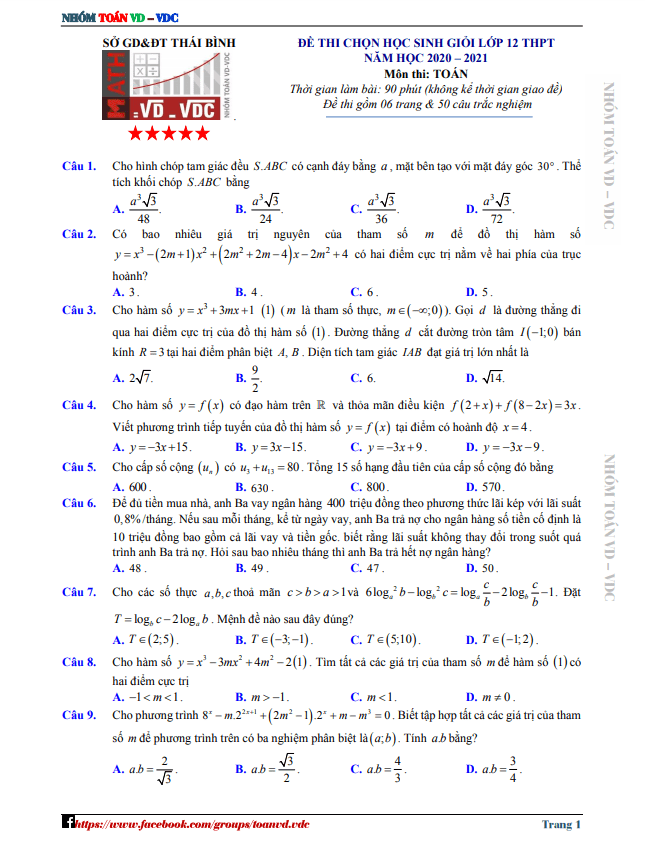 de thi hoc sinh gioi lop 12 mon toan cap tinh nam 2020 2021 so gd dt thai binh d