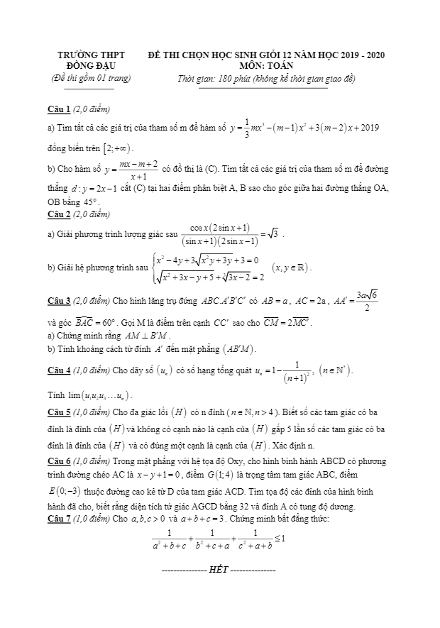 de thi hoc sinh gioi lop 12 mon toan nam 2019 2020 truong dong dau vinh phuc d