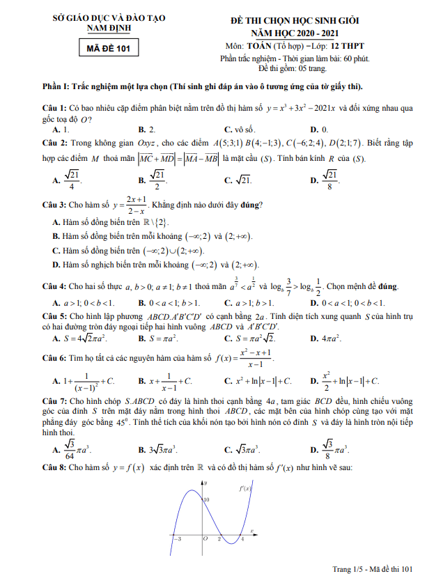 de thi hoc sinh gioi lop 12 mon toan nam 2020 2021 so gd dt nam dinh d