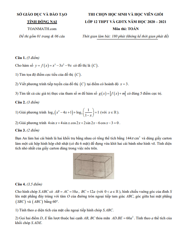 Đề thi học sinh giỏi lớp 12 môn Toán năm 2020 2021 sở GD ĐT tỉnh Đồng Nai 5 de thi hoc sinh gioi lop 12 mon toan nam 2020 2021 so gd dt tinh dong nai d