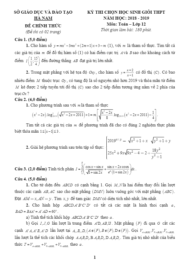 Đề thi học sinh giỏi lớp 12 môn Toán THPT năm 2018 – 2019 sở GD ĐT Hà Nam 5 de thi hoc sinh gioi lop 12 mon toan thpt nam 2018 e28093 2019 so gd dt ha nam d