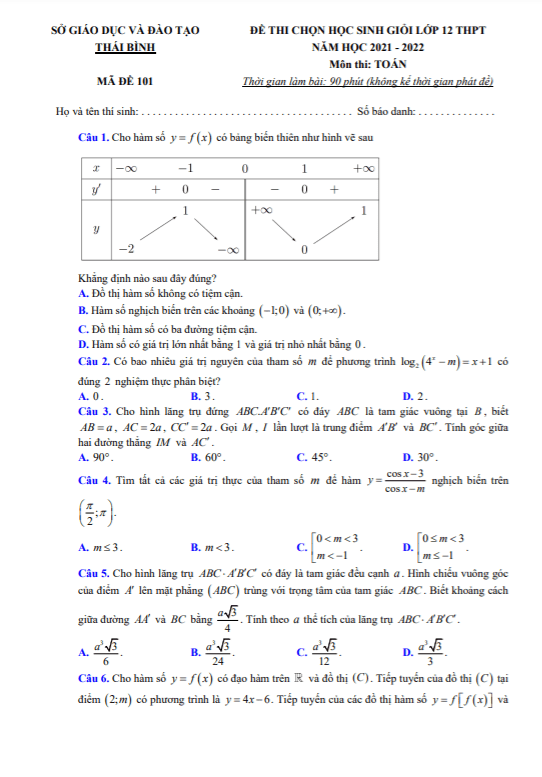 Đề thi học sinh giỏi lớp 12 môn Toán THPT năm 2021 2022 sở GD ĐT Thái Bình 2 de thi hoc sinh gioi lop 12 mon toan thpt nam 2021 2022 so gd dt thai binh d