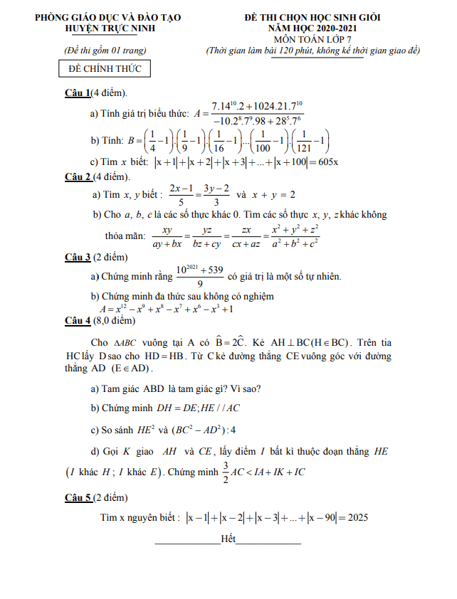 de thi hoc sinh gioi lop 7 mon toan nam 2020 2021 phong gd dt truc ninh nam dinh d
