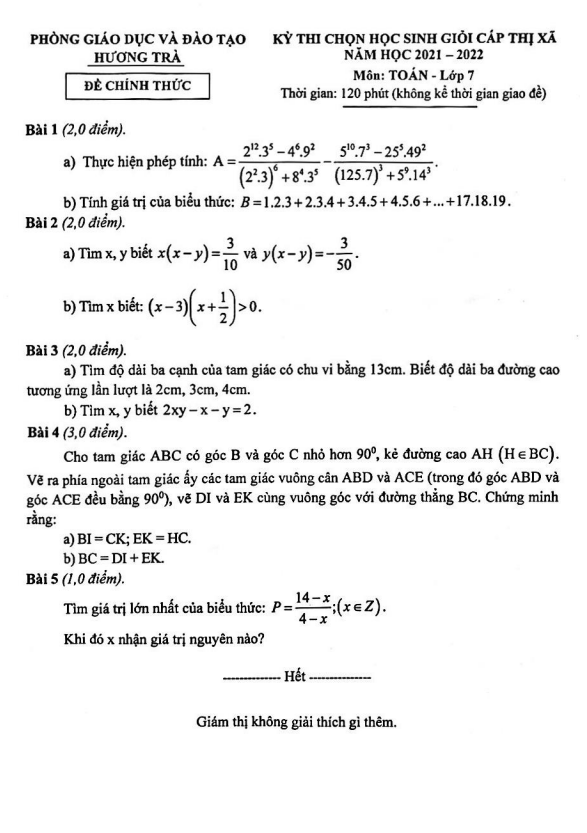 de thi hoc sinh gioi lop 7 mon toan nam 2021 2022 phong gd dt huong tra tt hue d
