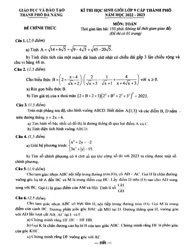 de thi hoc sinh gioi lop 9 mon toan nam 2022 2023 so gd dt thanh pho da nang d