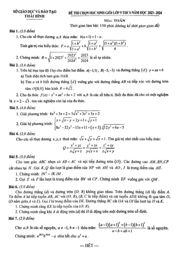 de thi hoc sinh gioi lop 9 mon toan nam 2023 2024 so gd dt thai binh d