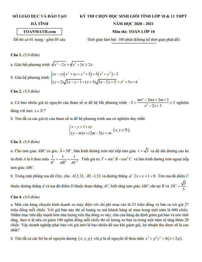 de thi hoc sinh gioi tinh lop 10 mon toan nam 2020 2021 so gd dt ha tinh d