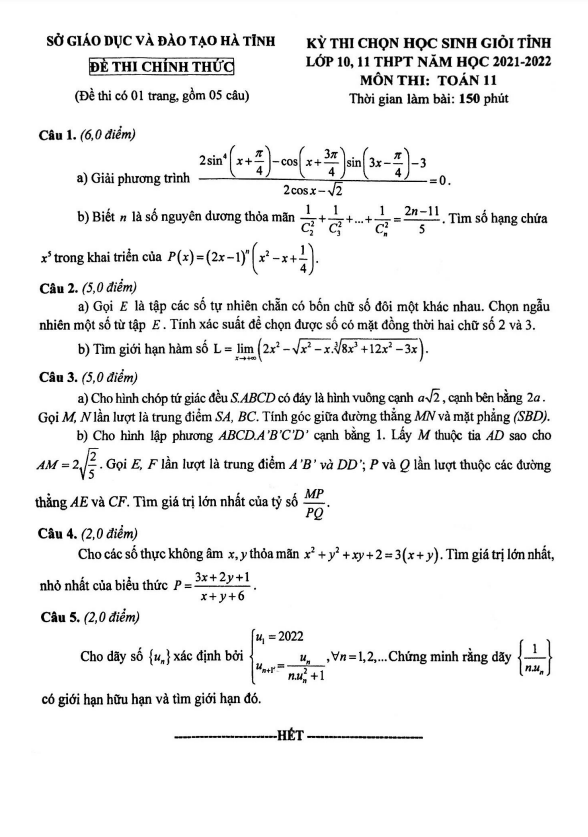 de thi hoc sinh gioi tinh lop 11 mon toan nam 2021 2022 so gd dt ha tinh d