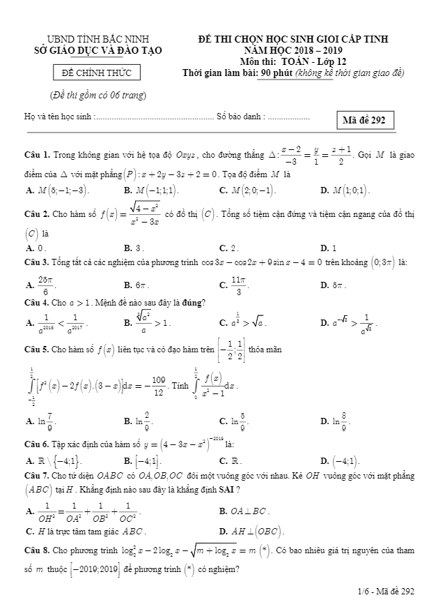 Đề thi học sinh giỏi tỉnh lớp 12 môn Toán năm 2018 2019 sở GD ĐT Bắc Ninh 5 de thi hoc sinh gioi tinh lop 12 mon toan nam 2018 2019 so gd dt bac ninh d