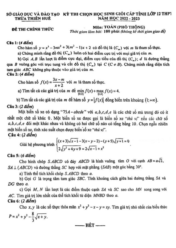 de thi hoc sinh gioi tinh lop 12 mon toan nam 2022 2023 so gd dt thua thien hue d