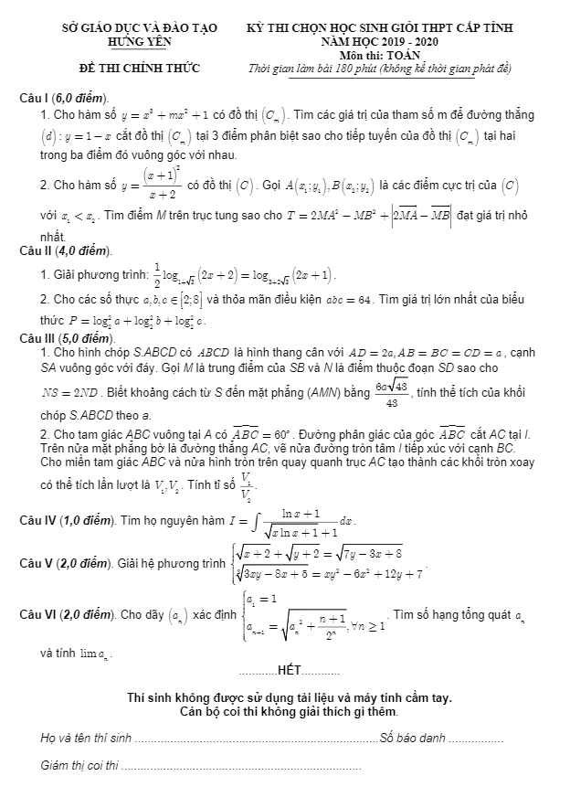 Đề thi học sinh giỏi tỉnh lớp 12 môn Toán THPT năm 2019 2020 sở GD ĐT Hưng Yên 1 de thi hoc sinh gioi tinh lop 12 mon toan thpt nam 2019 2020 so gd dt hung yen d