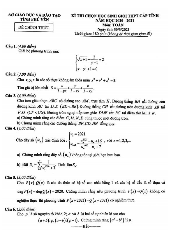de thi hoc sinh gioi toan thpt cap tinh nam 2020 2021 so gd dt phu yen d