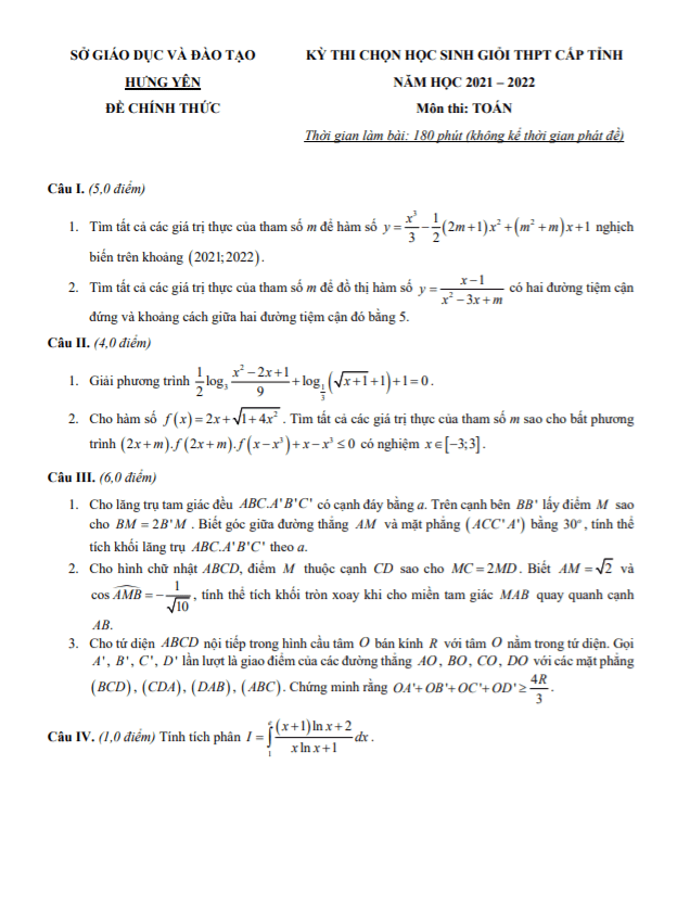 de thi hoc sinh gioi toan thpt cap tinh nam 2021 2022 so gd dt hung yen d