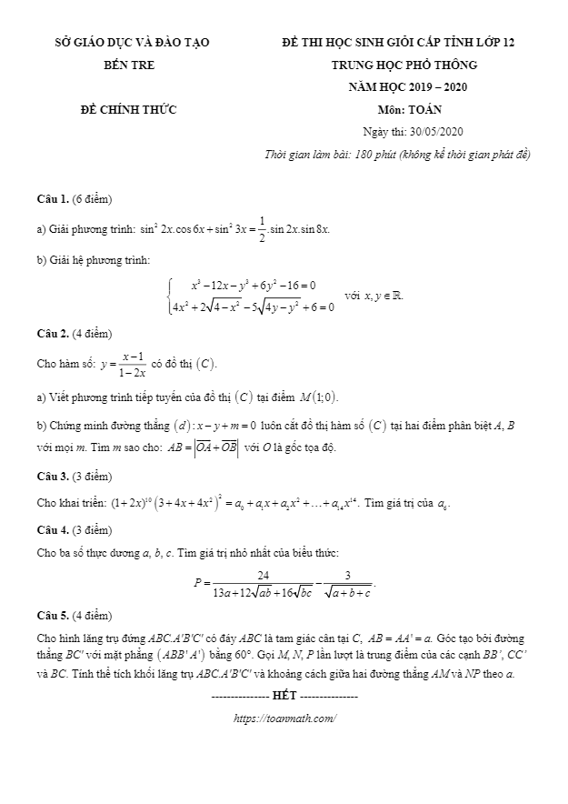 Đề thi HSG cấp tỉnh lớp 12 môn Toán năm học 2019 2020 sở GD ĐT Bến Tre 3 de thi hsg cap tinh lop 12 mon toan nam hoc 2019 2020 so gd dt ben tre d