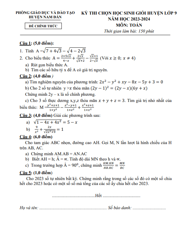 Đề thi HSG huyện lớp 9 môn Toán năm 2023 2024 phòng GD ĐT Nam Đàn Nghệ An 5 de thi hsg huyen lop 9 mon toan nam 2023 2024 phong gd dt nam dan nghe an d