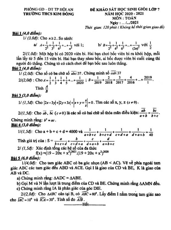 Đề thi HSG lớp 7 môn Toán năm 2020 2021 trường THCS Kim Đồng Quảng Nam 1 de thi hsg lop 7 mon toan nam 2020 2021 truong thcs kim dong quang nam d