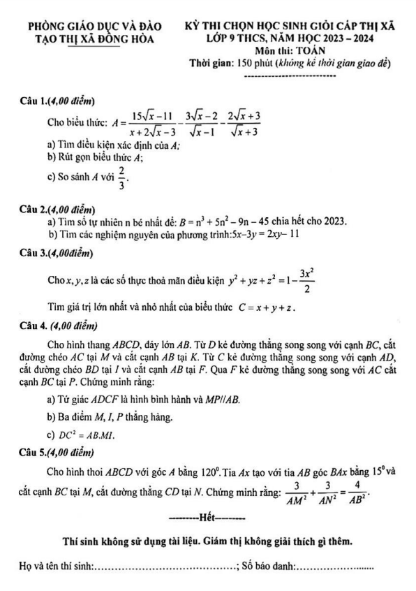 de thi hsg lop 9 mon toan cap thi xa nam 2023 2024 phong gd dt dong hoa phu yen d
