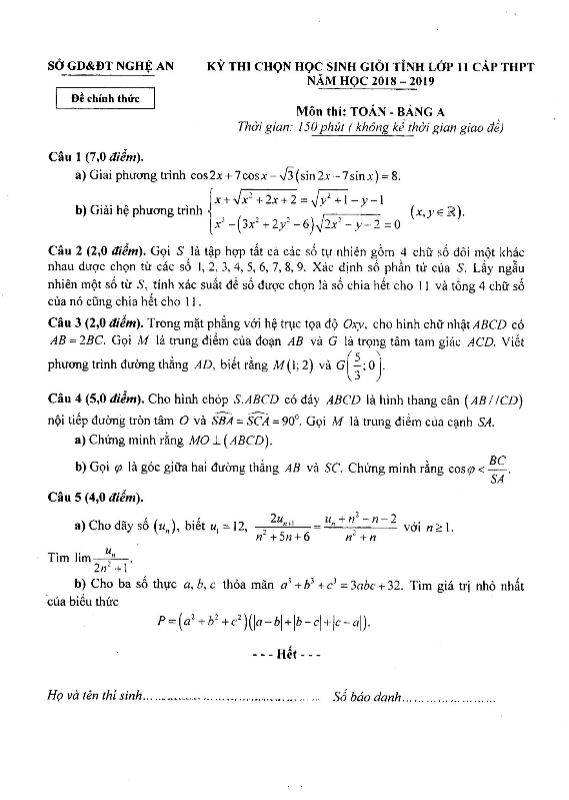 de thi hsg tinh lop 11 mon toan thpt nam 2018 2019 so gd dt nghe an bang a d