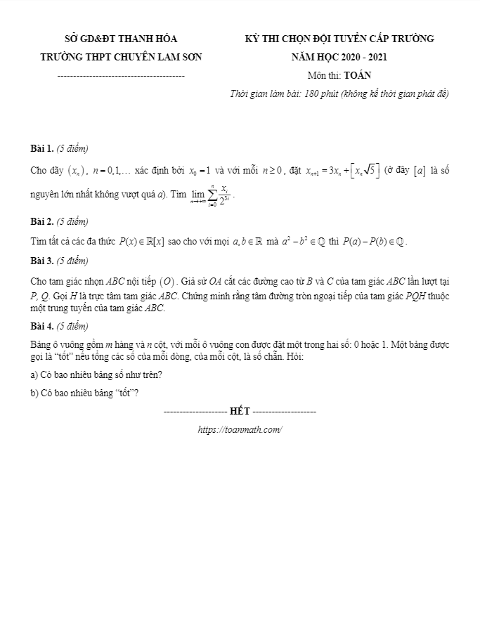 de thi hsg toan cap truong nam 2020 2021 truong chuyen lam son thanh hoa d