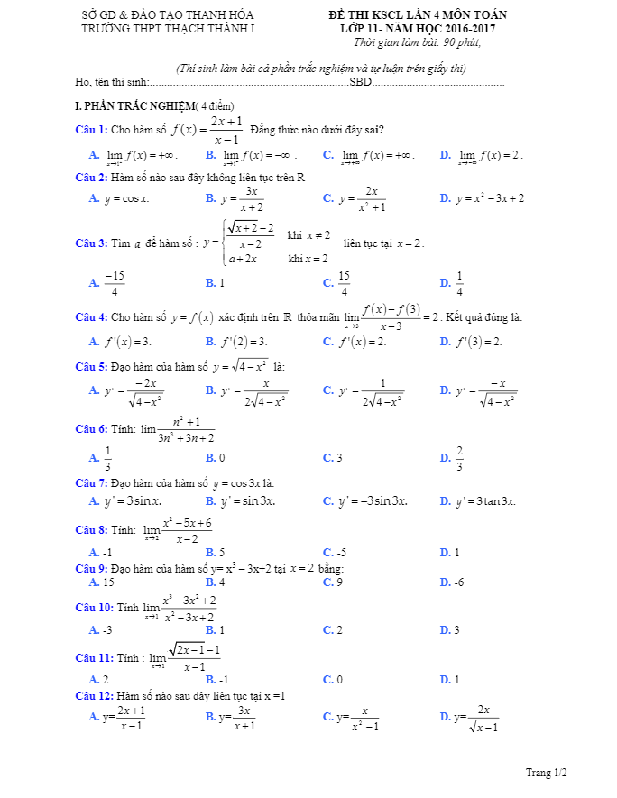 de thi khao sat chat luong lop 11 mon toan nam hoc 2016 2017 truong thpt thach thanh 1 thanh hoa lan 4 d