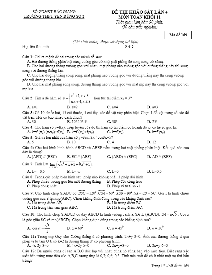 Đề thi khảo sát chất lượng lớp 11 môn Toán năm học 2016 2017 trường THPT Yên Dũng 2 Bắc Giang lần 4 2 de thi khao sat chat luong lop 11 mon toan nam hoc 2016 2017 truong thpt yen dung 2 bac giang lan 4 d